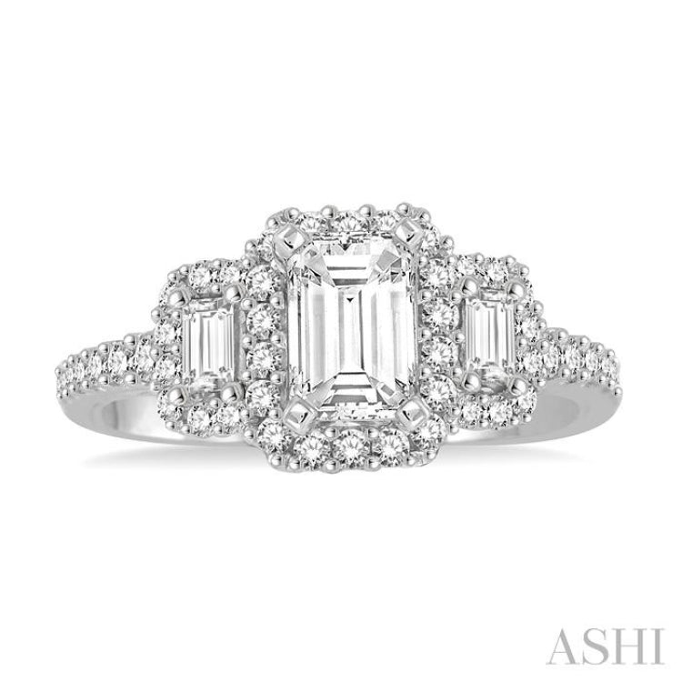 5/8 Ctw Diamond Ladies Engagement Ring with 1/4 Ct Emerald Cut Center Stone in 14K White Gold