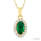 5x3 MM Oval Shape Emerald and 1/20 Ctw Single Cut Diamond Halo Precious Pendant with Chain in 14K Yellow Gold