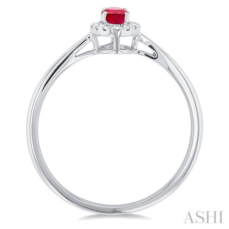 5x3 MM Oval Shape Ruby and 1/20 Ctw Single Cut Diamond Halo Precious Ring in 10K White Gold