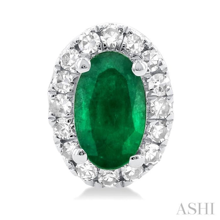 5x3 MM Oval Shape Emerald and 1/8 Ctw Single Cut Diamond Halo Precious Stud Earrings in 14K White Gold