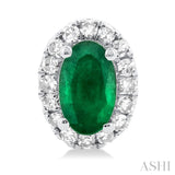 5x3 MM Oval Shape Emerald and 1/8 Ctw Single Cut Diamond Halo Precious Stud Earrings in 14K White Gold