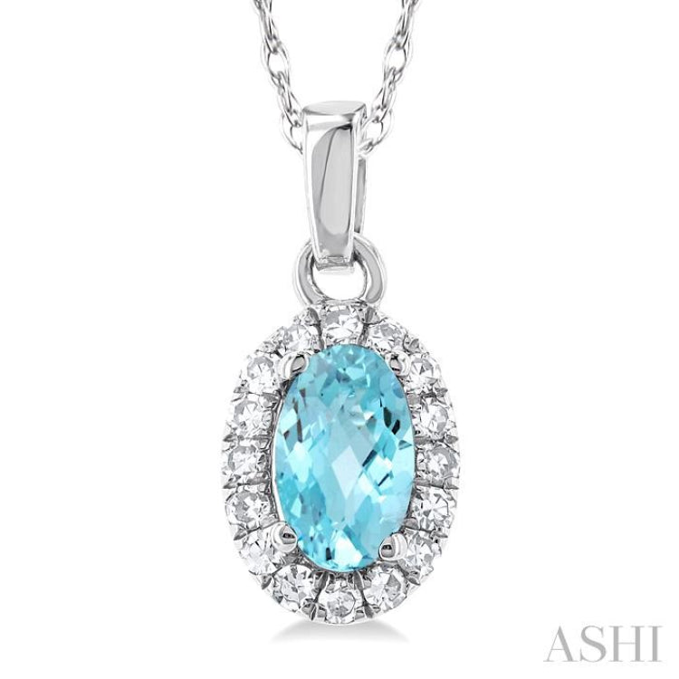 5x3 MM Oval Shape Aquamarine and 1/20 Ctw Single Cut Diamond Halo Semi-Precious Pendant with Chain in 14K White Gold