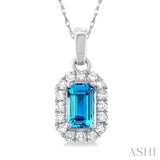 5x3 MM Octagonal Shape Blue Topaz and 1/20 Ctw Single Cut Diamond Halo Semi-Precious Pendant with Chain in 10K White Gold