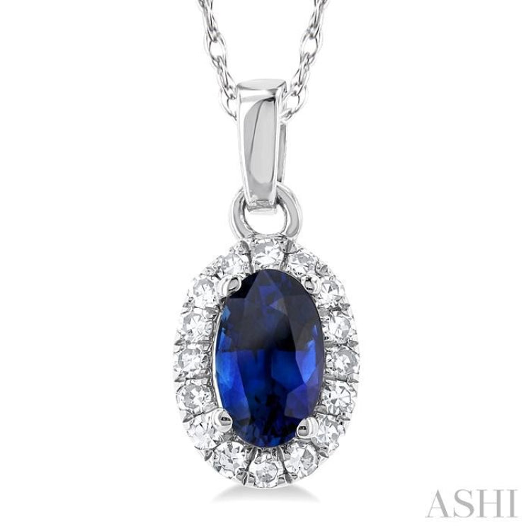 5x3 MM Oval Shape Sapphire and 1/20 Ctw Single Cut Diamond Halo Precious Pendant with Chain in 14K White Gold