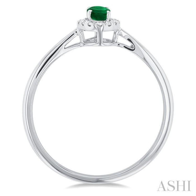 5x3 MM Oval Shape Emerald and 1/20 Ctw Single Cut Diamond Halo Precious Ring in 14K White Gold