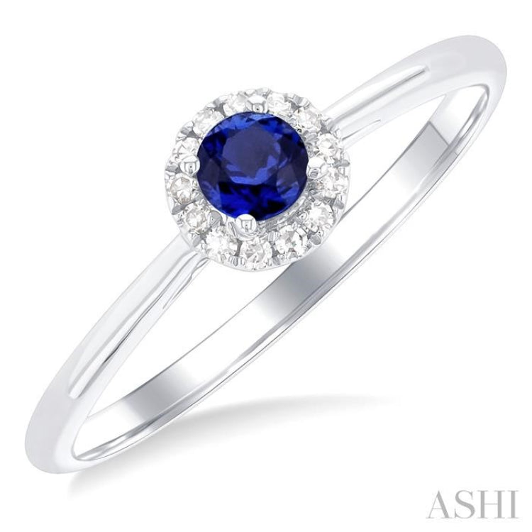 3.25 MM Round Sapphire and 1/20 Ctw Single Cut Diamond Halo Precious Ring in 10K White Gold