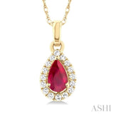 5x3 MM Pear Shape Ruby and 1/20 Ctw Single Cut Diamond Halo Precious Pendant with Chain in 10K Yellow Gold