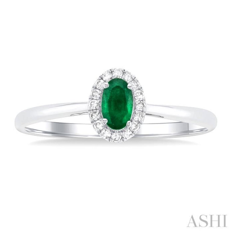 5x3 MM Oval Shape Emerald and 1/20 Ctw Single Cut Diamond Halo Precious Ring in 10K White Gold