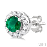 3.25 MM Round Emerald and 1/10 Ctw Single Cut Diamond Halo Precious Stud Earrings in 10K White Gold