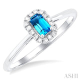 5x3 MM Octagonal Shape Blue Topaz and 1/20 Ctw Single Cut Diamond Halo Semi-Precious Ring in 10K White Gold