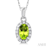 5x3 MM Oval Shape Peridot and 1/20 Ctw Single Cut Diamond Halo Semi-Precious Pendant with Chain in 14K White Gold