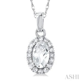 5x3 MM Oval Shape White Topaz and 1/20 Ctw Single Cut Diamond Halo Semi-Precious Pendant with Chain in 14K White Gold