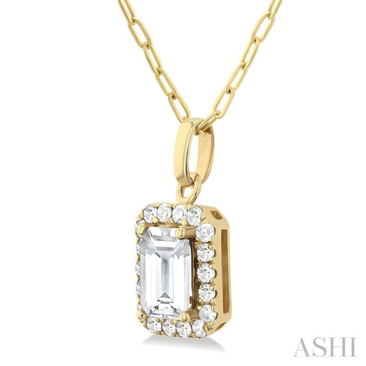 6x4 MM Octagonal Shape White Topaz and 1/6 Ctw Round Cut Diamond Halo Semi-Precious Pendant with Chain in 14K Yellow Gold