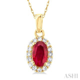 5x3 MM Oval Shape Ruby and 1/20 Ctw Single Cut Diamond Halo Precious Pendant with Chain in 14K Yellow Gold