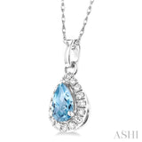 5x3 MM Pear Shape Aquamarine and 1/20 Ctw Single Cut Diamond Halo Semi-Precious Pendant with Chain in 10K White Gold