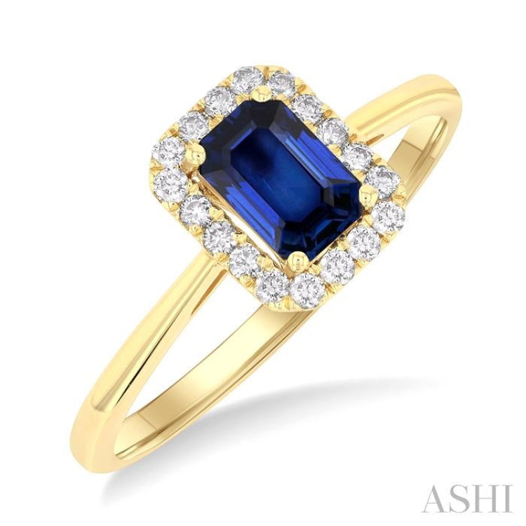 6x4 MM Octagonal Shape Sapphire and 1/6 Ctw Round Cut Diamond Halo Precious Ring in 14K Yellow Gold