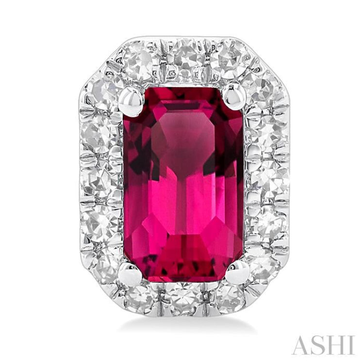 5x3 MM Octagonal Shape Pink Tourmaline and 1/8 Ctw Single Cut Diamond Halo Semi-Precious Stud Earrings in 14K White Gold