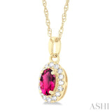 5x3 MM Oval Shape Pink Tourmaline and 1/20 Ctw Single Cut Diamond Halo Semi-Precious Pendant with Chain in 14K Yellow Gold