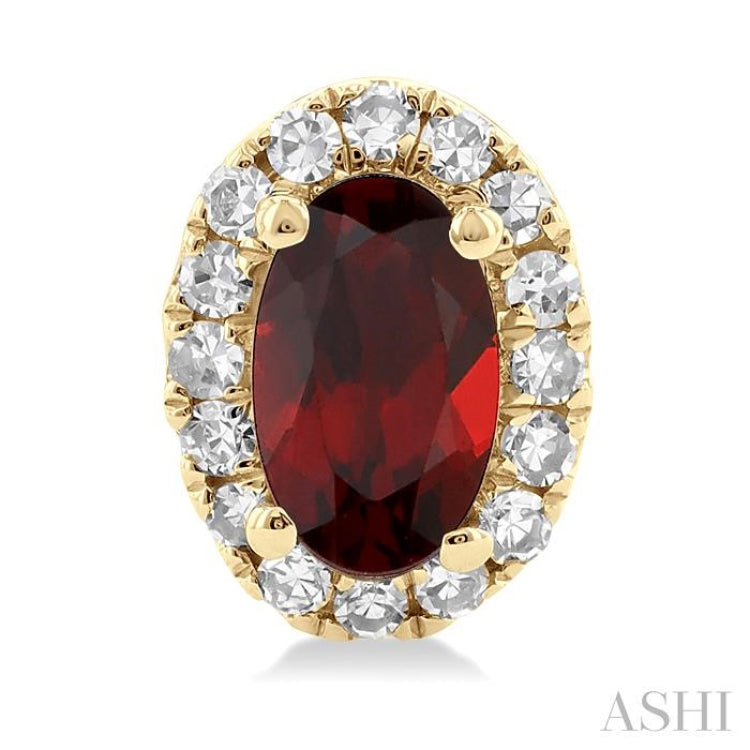 5x3 MM Oval Shape Garnet and 1/8 Ctw Single Cut Diamond Halo Semi-Precious Stud Earrings in 10K Yellow Gold