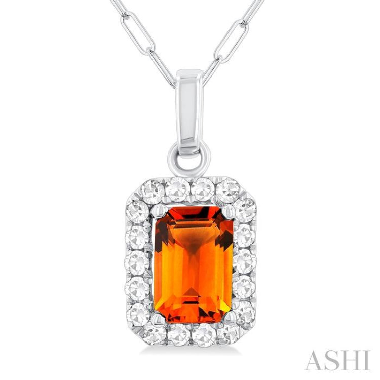 6x4 MM Octagonal Shape Citrine and 1/6 Ctw Round Cut Diamond Halo Semi-Precious Pendant with Chain in 14K White Gold
