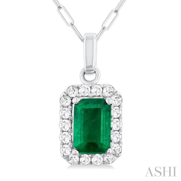 6x4 MM Octagonal Shape Emerald and 1/6 Ctw Round Cut Diamond Halo Precious Pendant with Chain in 10K White Gold