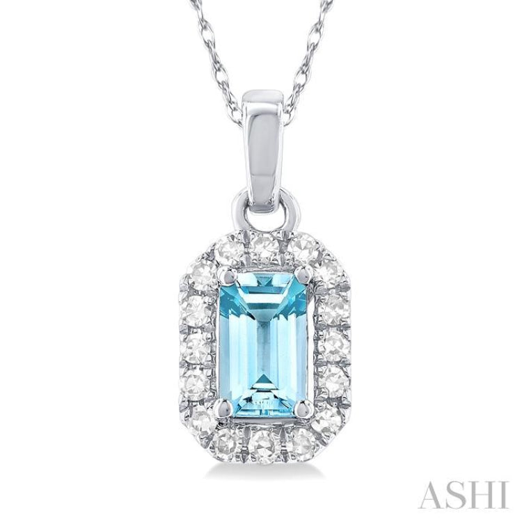 5x3 MM Octagonal Shape Aquamarine and 1/20 Ctw Single Cut Diamond Halo Semi-Precious Pendant with Chain in 14K White Gold