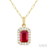 6x4 MM Octagonal Shape Ruby and 1/6 Ctw Round Cut Diamond Halo Precious Pendant with Chain in 14K Yellow Gold
