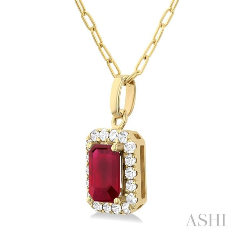 6x4 MM Octagonal Shape Ruby and 1/6 Ctw Round Cut Diamond Halo Precious Pendant with Chain in 14K Yellow Gold