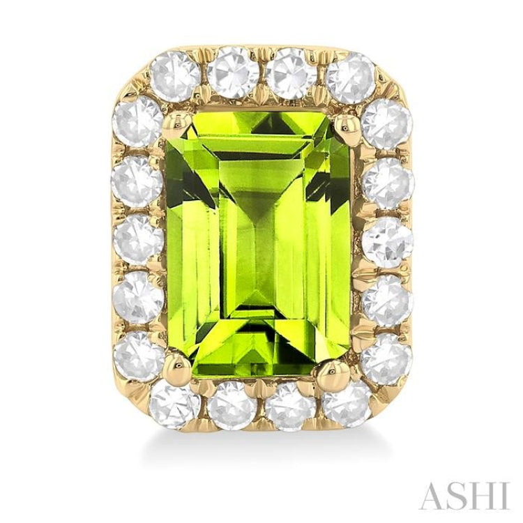 6x4 MM Octagonal Shape Peridot and 1/4 Ctw Round Cut Diamond Halo Semi-Precious Stud Earrings in 14K Yellow Gold