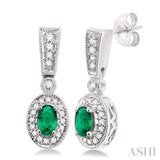 5x3 MM Oval Cut Emerald and 1/3 Ctw Round Cut Diamond Earrings in 14K White Gold