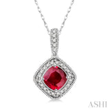 5x5 MM Cushion Shape Ruby and 1/5 Ctw Round Cut Diamond Pendant in 14K White Gold with Chain