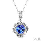 5x5 MM Cushion Shape Tanzanite and 1/5 Ctw Round Cut Diamond Pendant in 14K White Gold with Chain