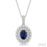 3/4 Ctw Oval Shape 7x5 MM Sapphire and Round Cut Diamond Precious Pendant With Chain in 14K White Gold
