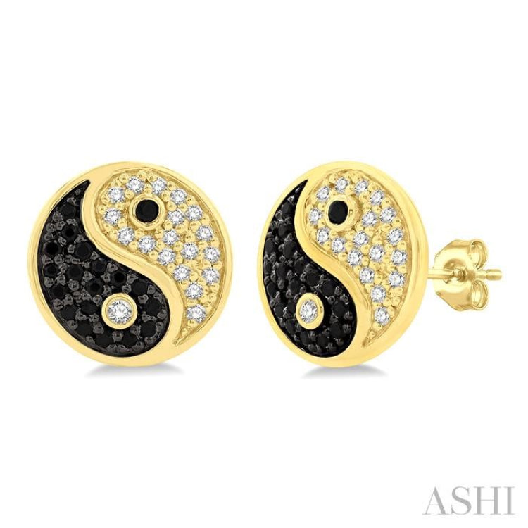 1/4 Ctw Petite Tao Yin Yang Black and White Round Cut Diamond Fashion Stud Earring in 10K Yellow Gold