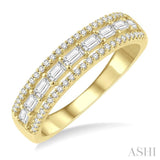 1/2 Ctw Triple Row Baguette and Round Cut Diamond Fashion Band in 14K Yellow Gold