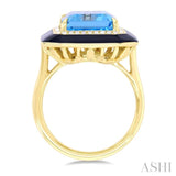 14x10 MM Emerald Cut Blue Topaz and 1/5 Ctw Round Cut Diamond Halo & Black Enamel Border Semi-Precious Ring in 14K Yellow Gold