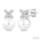 6 MM Cultured Pearl and 1/10 Ctw Round Cut Diamond Floral Fashion Earrings in 14K White Gold