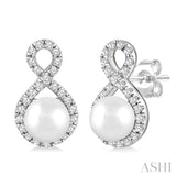 5 MM Cultured Pearls and 1/5 Ctw Round Cut Diamond Petite Earrings 10K White Gold