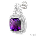 8 MM Cushion Shape Amethyst and 1/20 Ctw Round Cut Diamond Semi-Precious Earrings in Sterling Silver