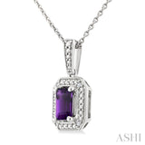 7X5 MM Octagon Shape Amethyst and 1/50 Ctw Round Cut Diamond Semi-precious Pendant With Chain in Sterling Silver