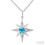 5 MM Round Cut Blue Topaz and 1/20 Ctw Round Cut Diamond Semi-Precious Fashion Pendant With Chain in Sterling Silver