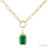 6X4 MM Octagon Shape Emerald Precious Paperclip Pendant With Chain in 14K Yellow Gold