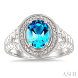 9x7 MM Oval Shape Blue Topaz and 1/20 Ctw Round Cut Diamond Semi-precious Ring in Sterling Silver