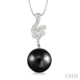 10 MM Black Cultured Pearl and 1/8 Ctw Round Cut Diamond Pendant in 14K White Gold with Chain