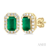 5x3 MM Octagonal Shape Emerald and 1/8 Ctw Single Cut Diamond Halo Precious Stud Earrings in 10K Yellow Gold