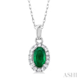 5x3 MM Oval Shape Emerald and 1/20 Ctw Single Cut Diamond Halo Precious Pendant with Chain in 10K White Gold