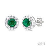 3.25 MM Round Emerald and 1/10 Ctw Single Cut Diamond Halo Precious Stud Earrings in 14K White Gold