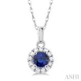 3.25 MM Round Sapphire and 1/20 Ctw Single Cut Diamond Halo Precious Pendant with Chain in 10K White Gold