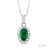 5x3 MM Oval Shape Emerald and 1/20 Ctw Single Cut Diamond Halo Precious Pendant with Chain in 14K White Gold