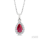 5x3 MM Pear Shape Ruby and 1/20 Ctw Single Cut Diamond Halo Precious Pendant with Chain in 10K White Gold